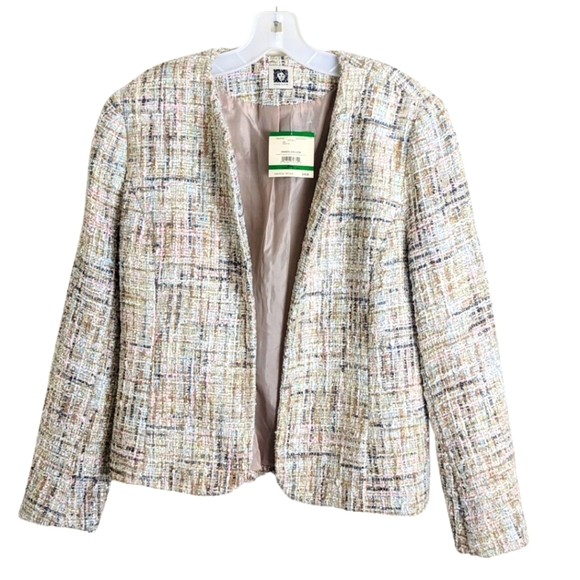 NWT Anne Klein Open Front Shimmering Sequin Tweed Jacket Pastel Women's Size L - Picture 2 of 12